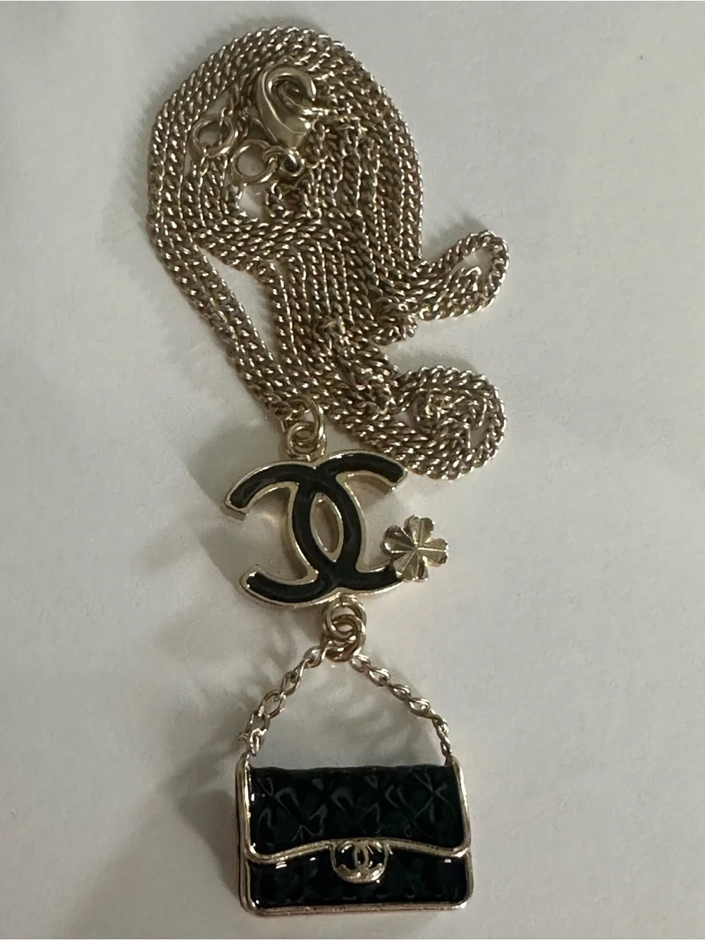 CHANEL B13S Enamel Quilted Flap Bag CC Clover Charm Necklace